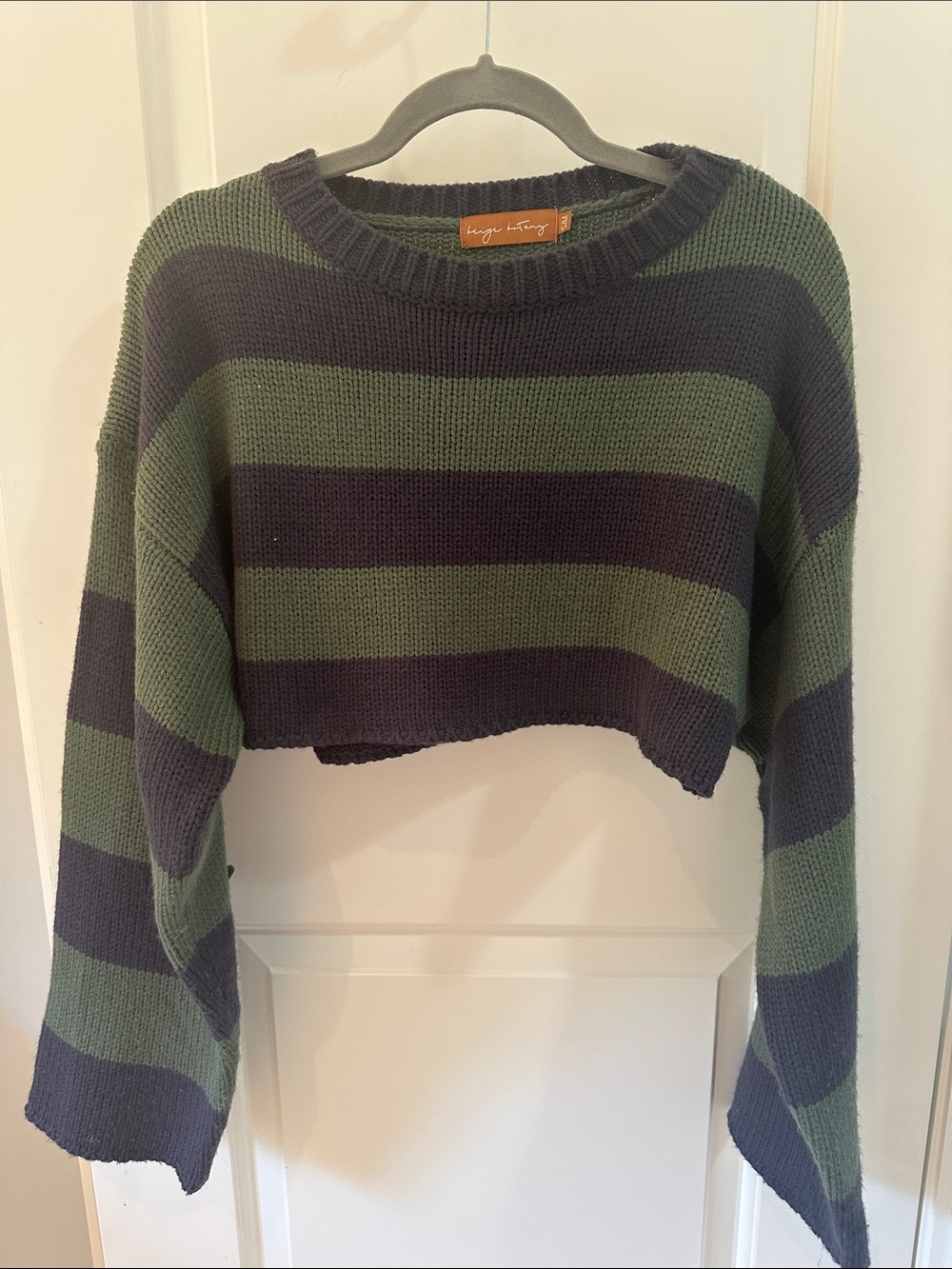 Striped Cropped Crewneck Sweater - Green & Navy